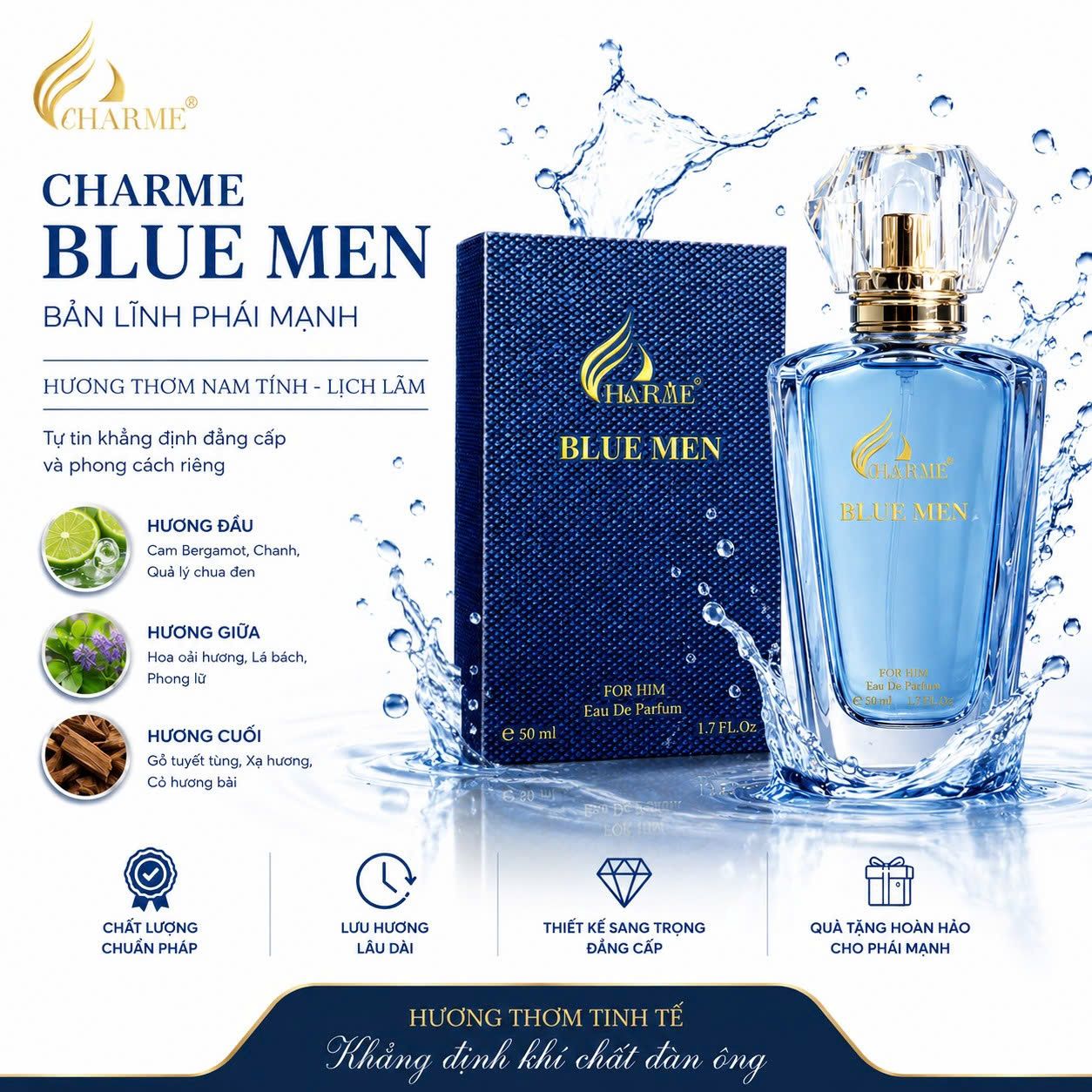 Nước hoa nam Charme Blue Men 50ml - Nam tính, sang trọng, lịch lãm